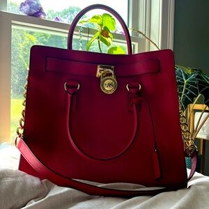 NEW Michael Kors Large Red Hamilton Satchel Handbag Purse Pebbled Leather Tote